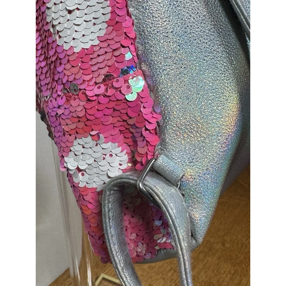 Justice Backpack Pink Sequined With‎ Fob EUC
